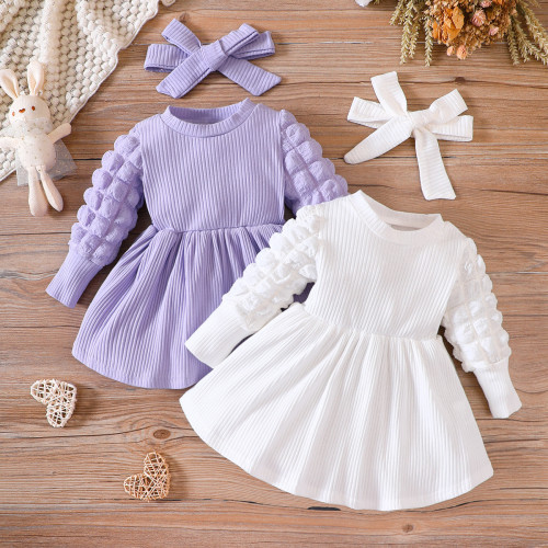 INS Cross border New Baby Dress Spring and Autumn Long sleeved Round Neck Dress Fashion Bubble Sleeves+Headband Princess
