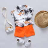 Amazon's new men's baby set with leaf print collar and short sleeved fashionable shirt+shorts two-piece trendy set