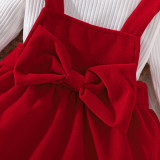 Infant and toddler girls' dress with a pit stripe round neck triangular top, bow decoration, red strap dress, real two-piece set