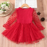 Instagram baby and toddler new dress, solid color polka dot mesh long sleeved spring and autumn trendy princess dress