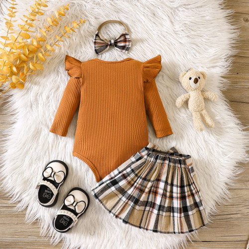 Instagram Cross border New Baby Dress Set Little Bear Cartoon Embroidered Long sleeved Sweetheart+Checkered Short Skirt+Headband Set