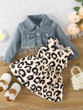 Cross border Instagram European and American Spring and Autumn New Baby Dress Set with Flower Print Sleeveless Dress+Deer Embroidered Coat