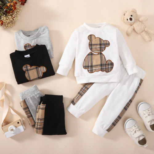 Amazon Spring and Autumn New Baby Boys Set Cartoon Bear Embroidered Long sleeved Sweater+Pants Two Piece Set