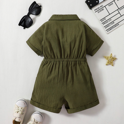 Instagram cross-border new girls summer jumpsuit green short sleeved lapel jumpsuit fashion work suit jumpsuit