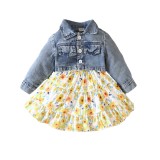 Instagram Cross border Spring and Autumn New Infant and Child Dress Set with floral print strap dress+denim long sleeved jacket