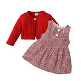 Sweet Baby Girl Dress Set Sleeveless Back Zipper Dress Red Long sleeved Cloak Coat