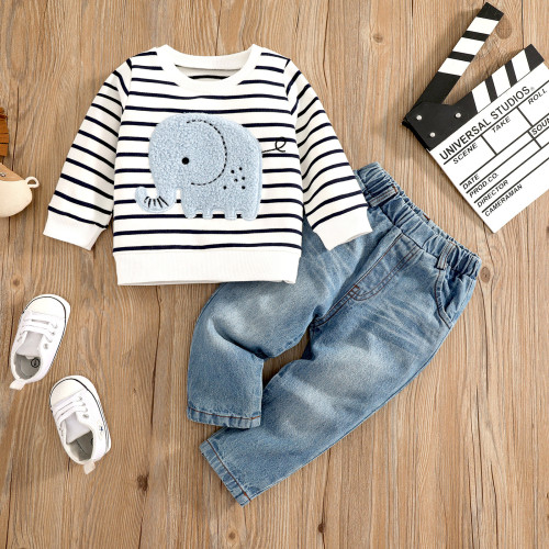 Summer New Children's Baby Set Cartoon Elephant Embroidered Stripe Long sleeved Round Neck+Blue Jeans Set