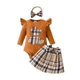 Instagram Cross border New Baby Dress Set Little Bear Cartoon Embroidered Long sleeved Sweetheart+Checkered Short Skirt+Headband Set