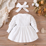 INS Cross border New Baby Dress Spring and Autumn Long sleeved Round Neck Dress Fashion Bubble Sleeves+Headband Princess