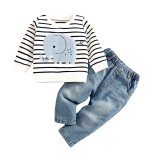 Summer New Children's Baby Set Cartoon Elephant Embroidered Stripe Long sleeved Round Neck+Blue Jeans Set