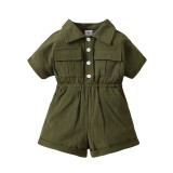 Instagram cross-border new girls summer jumpsuit green short sleeved lapel jumpsuit fashion work suit jumpsuit
