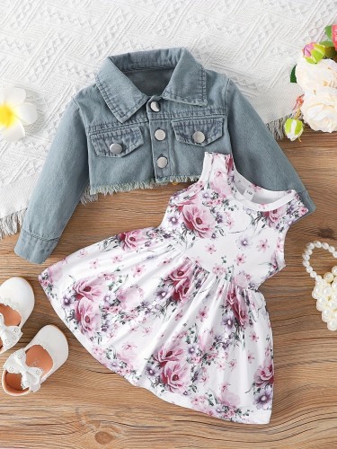 Cross border Instagram European and American Spring and Autumn New Baby Dress Set with Flower Print Sleeveless Dress+Deer Embroidered Coat