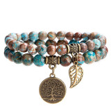 Amazon Hot Selling 6m8m Life Tree Leaf Pendant Set Bracelet with Colorful Tiger Eye Purple Crystal Bracelet Set