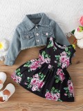 Cross border Instagram European and American Spring and Autumn New Baby Dress Set with Flower Print Sleeveless Dress+Deer Embroidered Coat