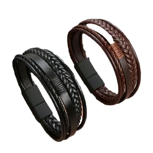 Cross border popular matte magnetic buckle bracelet from Europe and America, creative multi-layer men's cowhide bracelet woven leather bracelet