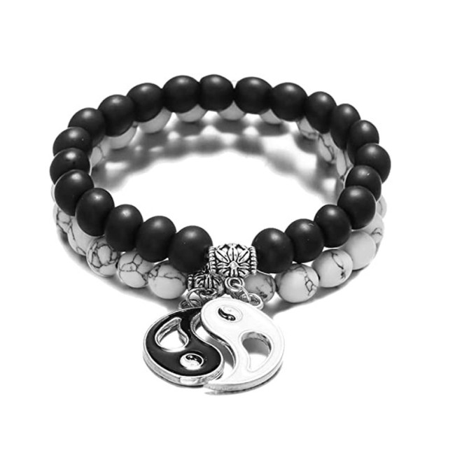 2 sets of OL Yin Yang Dripping Oil Black and White Couple Beaded Handicraft Set with Black Matte White Turquoise Set Bracelet for Men