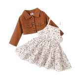 Instagram Cross border Spring and Autumn New Infant and Child Skirt Set with Small Fragmented Flower Print Hanging Strap Dress+Solid Color Long sleeved Coat