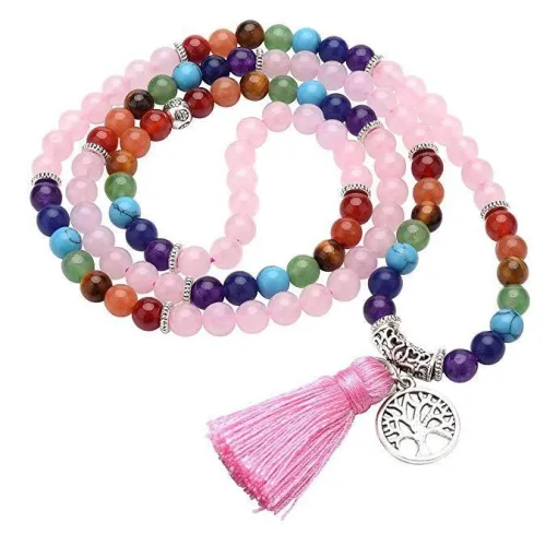 Cross border hot selling seven color semi precious stone bracelet with 108 6mm natural powder crystal beads, tassel multi loop women's bracelet