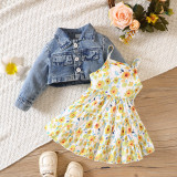 Instagram Cross border Spring and Autumn New Infant and Child Dress Set with floral print strap dress+denim long sleeved jacket