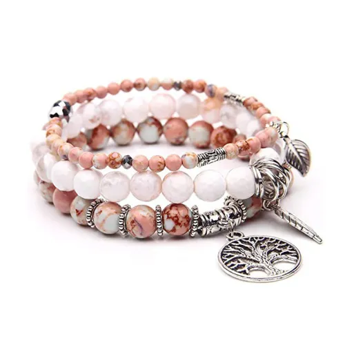 New European and American Bracelet Leaf Pendant Elastic Bracelet 8mm Handwoven Purple Mica White Hidden Agate Beads