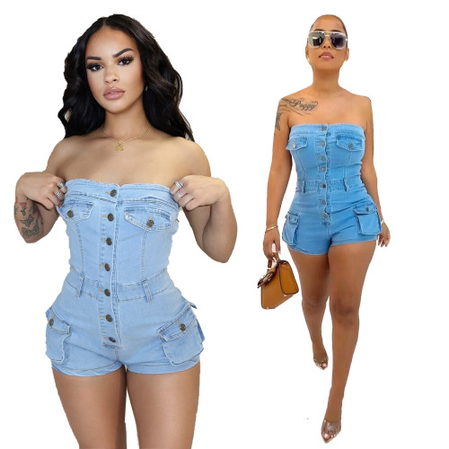 Summer new denim jumpsuit F88554 in stock, cross-border hot selling strapless elastic jumpsuit shorts on Amazon in Europe and America