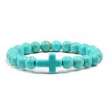 Cross border New Product Natural Stone Bracelet Blue Turquoise Bracelet 8mm Round Beaded Cross Men's and Women's Fashion Matching
