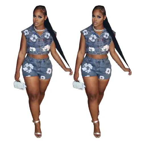 New summer printed denim set F88561 in stock, popular cross-border printed elastic shorts set in Europe and America