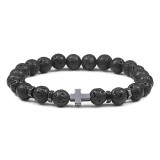 Popular 8mm Natural Stone Volcano Rock Tiger Stone White Pine Black Gallstone Cross Beaded Bracelet E-commerce Supply in Europe and America