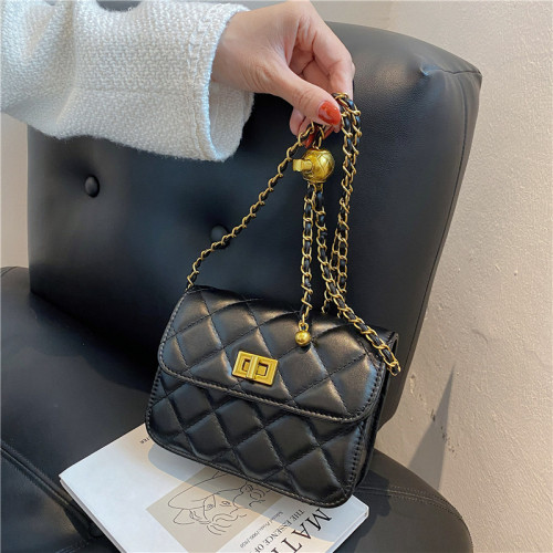 Spot small fragrant style solid gold ball adjustable chain small square bag with diamond grid embroidery, single shoulder crossbody mobile phone bag, women's bag