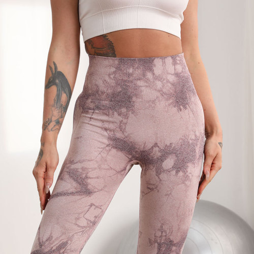 Cross border hot selling tie dyed high waisted yoga pants for women, autumn and winter peach buttocks, sports tight fitting, lifting buttocks, and belly tightening pants wholesale