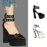 New Black and White Rivet Belt Buckle 15cm Double Waterproof Platform One Word Fashion Women's Shoes European and American Foreign Trade Heels