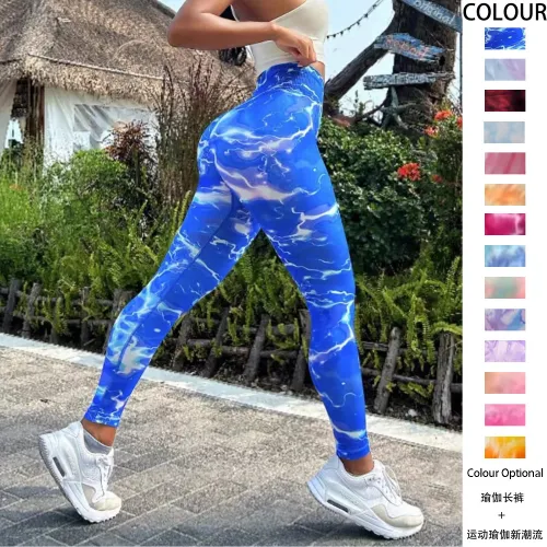 Cross border seamless tied float peach buttocks yoga pants, high waisted tight fit fitness pants, women's tie dyed running sports tight pants