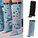 Autumn and Winter New Amazon Foreign Trade 11cm High Heel Cool Boots Heels Black Blue Cowboy Colorful Diamond Women's Long Boots