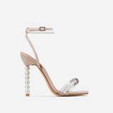 New 9cm square toe slim high heels rhinestone bow pearl line strap cross-border European and American oversized women's shoes