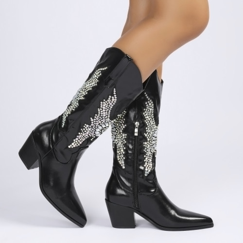 New Embroidered Hot Diamonds Amazon Chelsea Over Knee Mid Sleeve Thick High Heel 6.5cm Pointed Short Boots Knee Length Boots