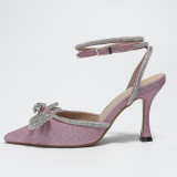 New summer silk satin black, white, pink slim heel 8.5cm pointed bow rhinestone heels women's shoes