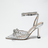 Mach's new summer transparent pink slim heel Y-version 8.5cm pointed rhinestone Amazon heels bow women's shoes