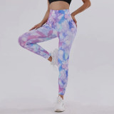 Cross border seamless tied float peach buttocks yoga pants, high waisted tight fit fitness pants, women's tie dyed running sports tight pants
