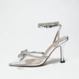 New summer silk satin black, white, pink slim heel 8.5cm pointed bow rhinestone heels women's shoes