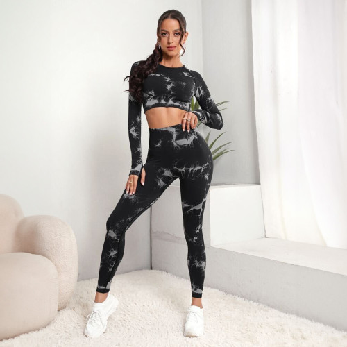 Manufacturer's direct sales seamless yoga suit, high waist and hip lifting yoga pants, tie dyed long sleeved top, fitness and sports suit for women
