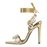 Gold high-heeled sandals 11cm, new pointed foreign trade rivets, rhinestones, slim heels, heels, summer European and American fashion shoes