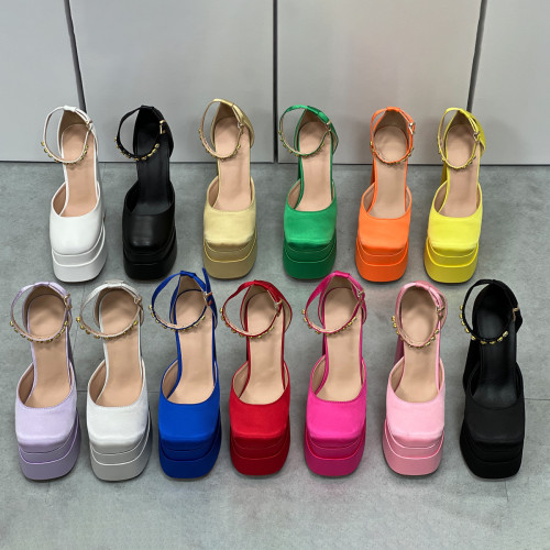 New thick high heels, black, red, pink, green, white, yellow, purple, orange, and fast selling foreign trade water diamonds, waterproof platform, square toe, thick soled women's shoes