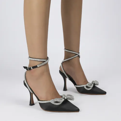 New summer silk satin black, white, pink slim heel 8.5cm pointed bow rhinestone heels women's shoes