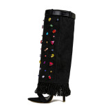 Autumn and Winter New Amazon Foreign Trade 11cm High Heel Cool Boots Heels Black Blue Cowboy Colorful Diamond Women's Long Boots