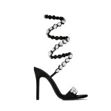 Amazon's new black and gold 11cm slim heel small round head rhinestone high heeled sandals summer rivet heels for foreign trade