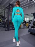 New European and American hollow out long sleeved pants tight fitting sports set seamless yoga running long fitness two-piece set