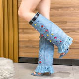 Autumn and Winter New Amazon Foreign Trade 11cm High Heel Cool Boots Heels Black Blue Cowboy Colorful Diamond Women's Long Boots