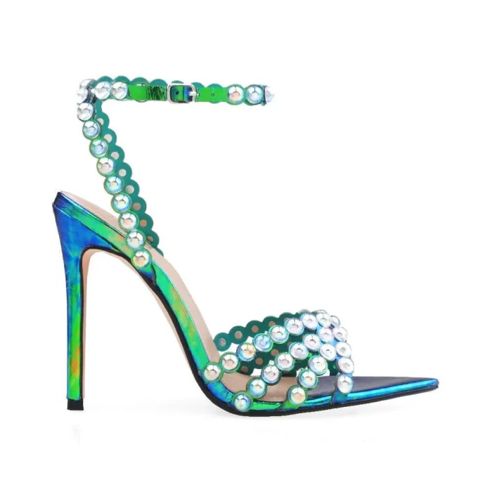 New Black Green 11cm Slim Heel Pointed High Heel Sandals Fish Mouth Summer Rivet Large Heels Foreign Trade