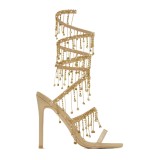 Amazon's new black and gold 11cm slim heel small round head wrapped rhinestone pendant high heeled sandals summer heels