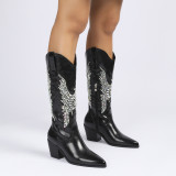 New Embroidered Hot Diamonds Amazon Chelsea Over Knee Mid Sleeve Thick High Heel 6.5cm Pointed Short Boots Knee Length Boots